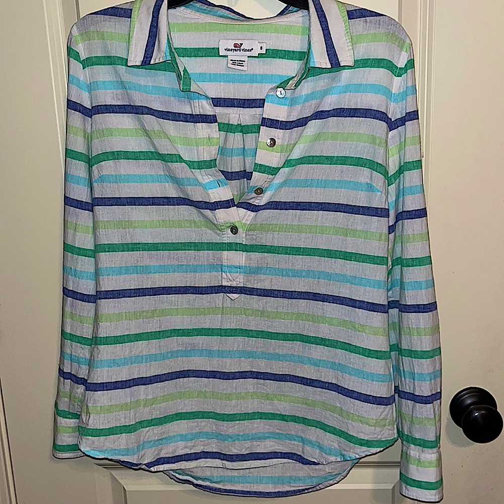 Vineyard Vines Blue, Green & White Striped Button-Down Shirt